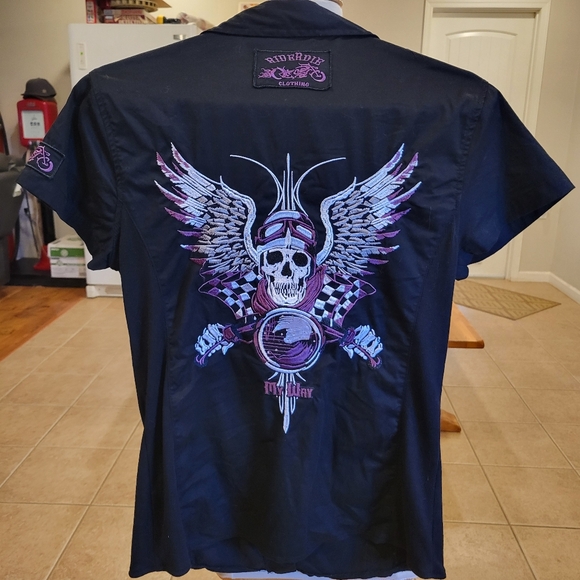 ♦️◾️EUC~ RIDERDIE Black Skull Embroidered Shirt - Picture 6 of 9